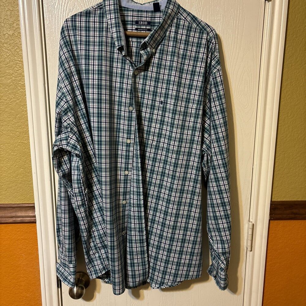 IZOD Mens XXL Green & Blue & White Plaid Long Sleeve Collared Button Up Shirt